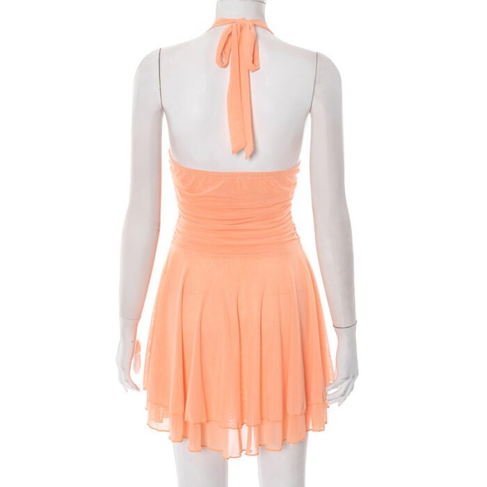 Women's Pure Color Halter Lace-up Deep V-neck Backless Mesh Pleated Skirt Dress - Image 3