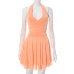 Women's Pure Color Halter Lace-up Deep V-neck Backless Mesh Pleated Skirt Dress - Image 2