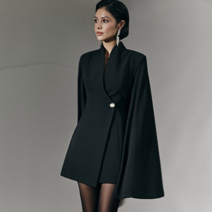 Elegant Cloak Slim Solid Color Single Buckle Dress - Image 4