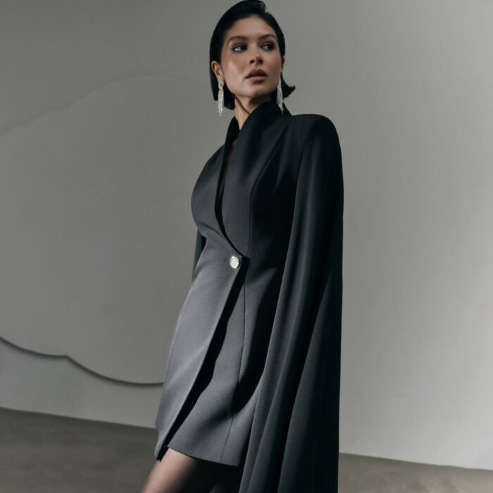 Elegant Cloak Slim Solid Color Single Buckle Dress - Image 3